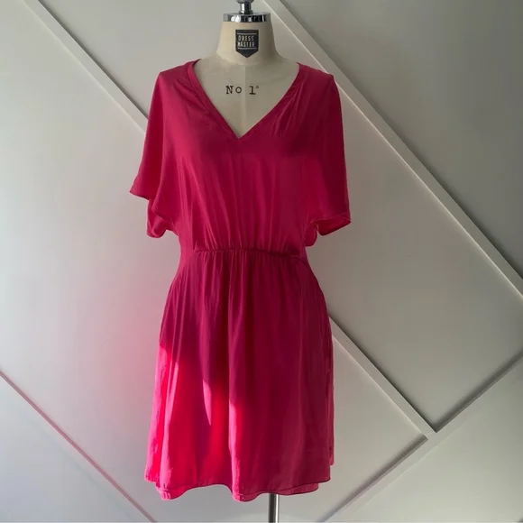 Maje V Neck Short Sleeve Fuschia Pink Flowy Mini Dress - 3 (approx M) - Picture 3 of 16
